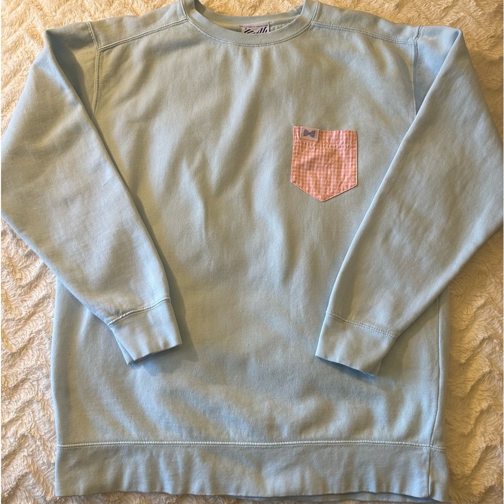 Fraternity Collection Light Blue Pink Gingham Pocket Crewneck Sweatshirt Large